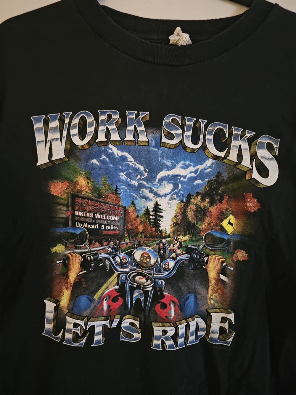 Vintage Alstyle Black Motorcycle Graphic Tee - "Work Sucks Let's Ride" 2x